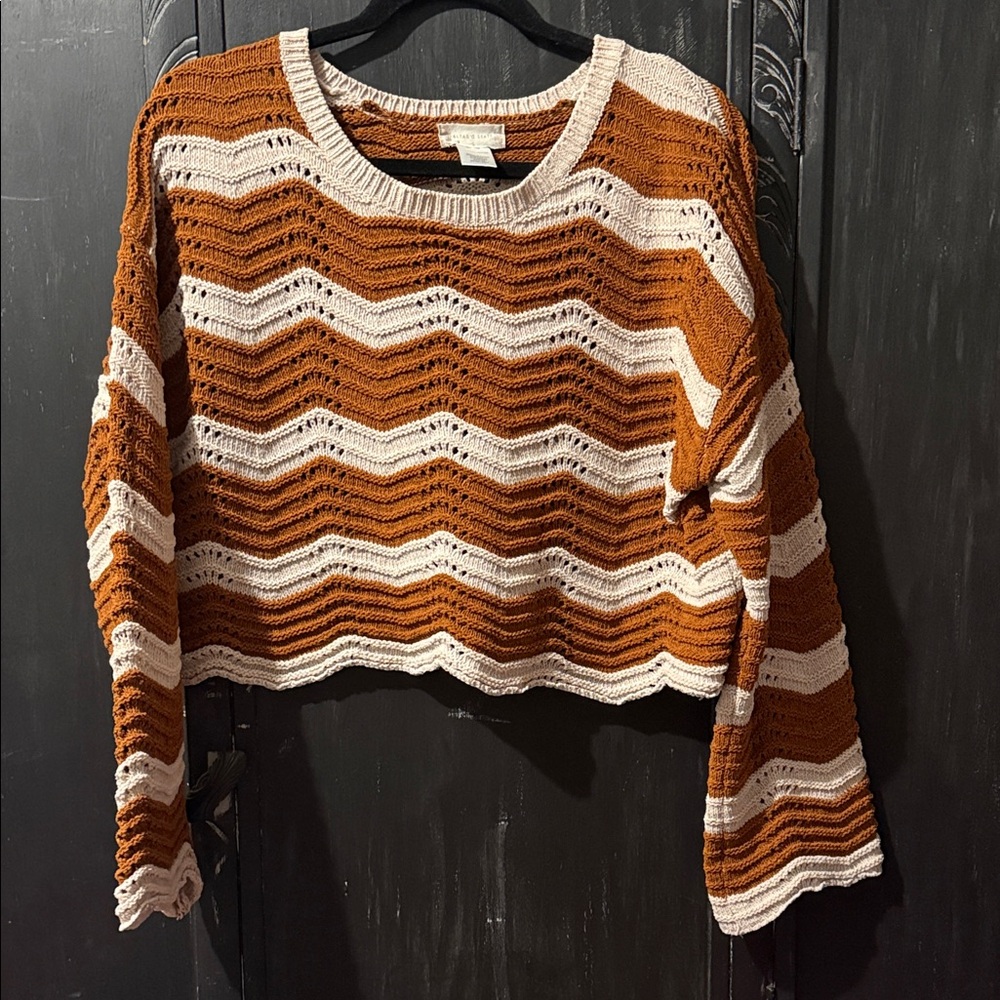Altar'd State Brown and Cream Chevron Cropped Sweater